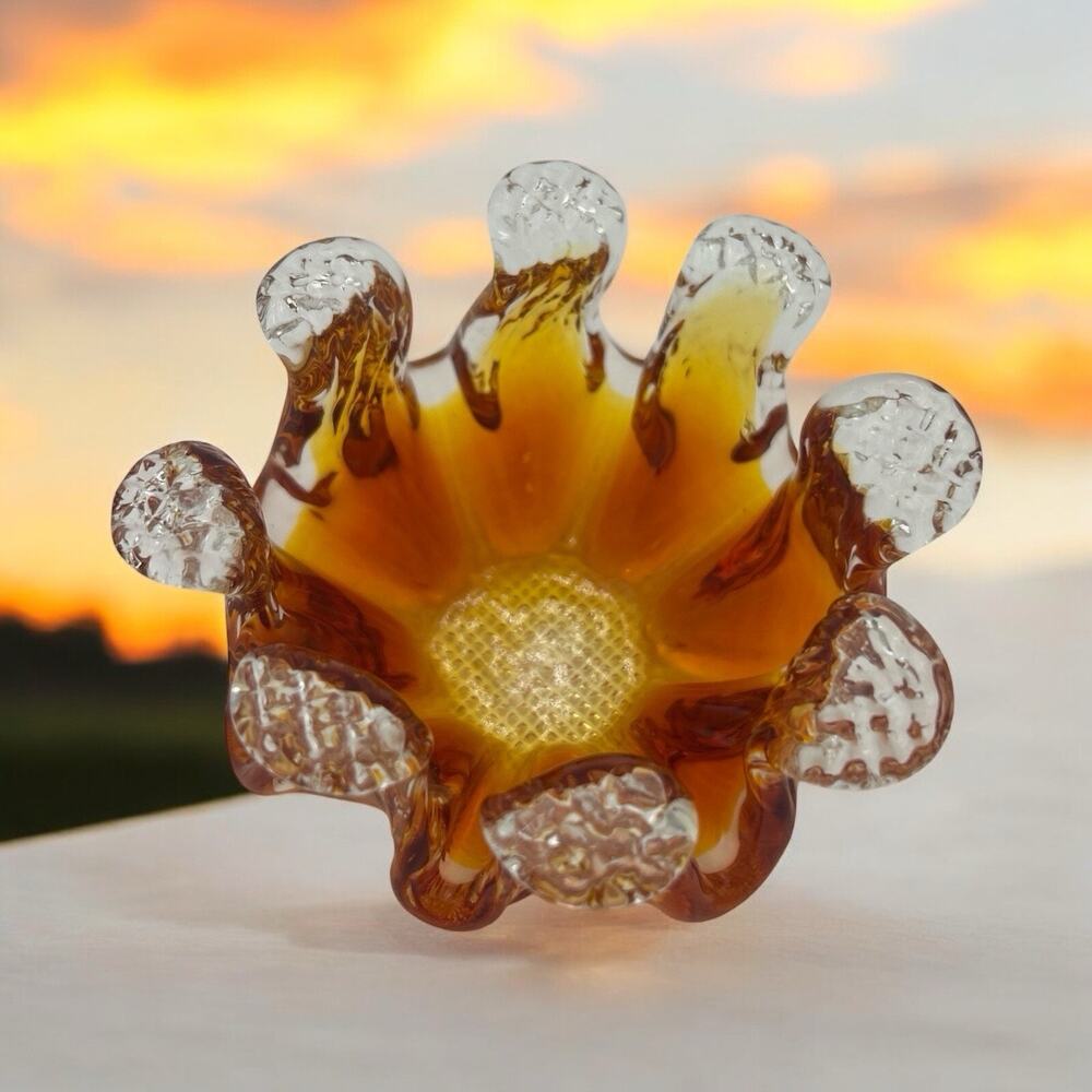 1970s Italian Murano? Amber Pinched 8 Finger Crimped Trinket Bowl Ashtray